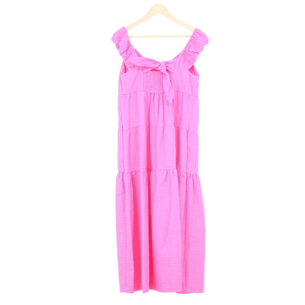 Old Navy Pink Seersucker Tiered Maxi Dress Ruffle Tie Back V-Neck M - Picture 5 of 6